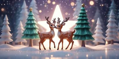 The primary subject of the image is a pair of deer figurines, which are positioned in a snowy setting. The setting includes a Christmas tree and a star, creating a festive atmosphere. The visual style of the image is a digital art, with the deer figurines being the main focus. The colors and mood of the image are predominantly white and cold, as the deer are standing in the snow.